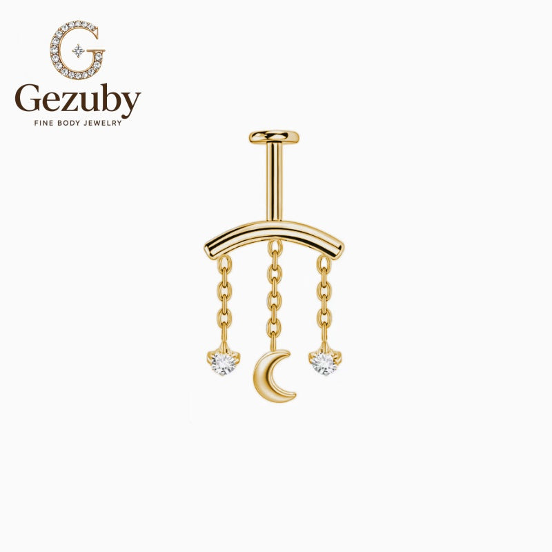 ASTM F136 Titanium Helix Chain Dangle Crescent Moon CZ Labret Stud Moonlit Body Piercing Internally Threaded Gold Silver