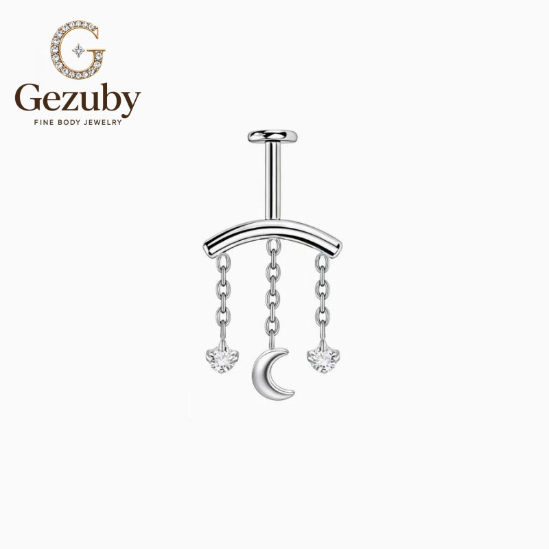ASTM F136 Titanium Helix Chain Dangle Crescent Moon CZ Labret Stud Moonlit Body Piercing Internally Threaded Gold Silver