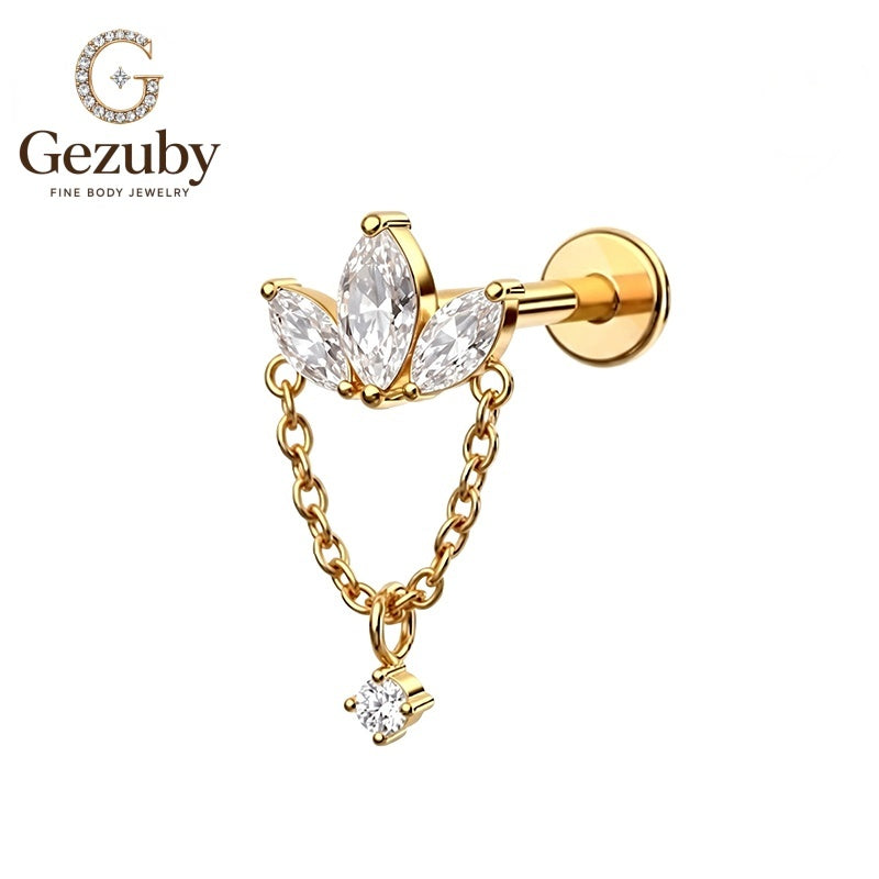 ASTM F136 Titanium Marquise Chain Dangle Labret Stud Waterfall Internally Threaded Body Piercing Gold Silver Orbital Tragus