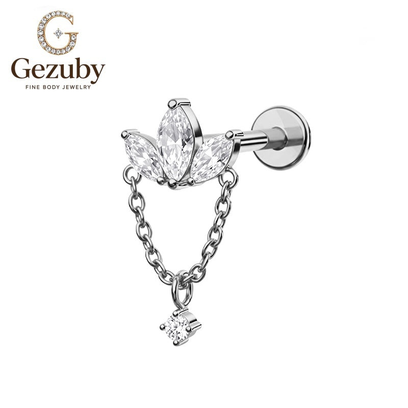 ASTM F136 Titanium Marquise Chain Dangle Labret Stud Waterfall Internally Threaded Body Piercing Gold Silver Orbital Tragus