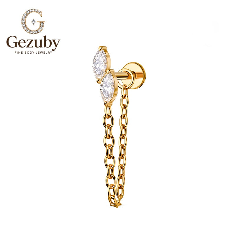 ASTM F136 Titanium Marquise Chain Dangle Labret Stud Lariat Body Piercing Internally Threaded Gold Silver Upper Conch