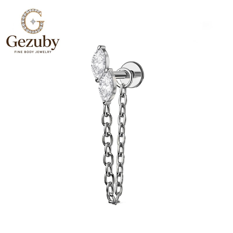ASTM F136 Titanium Marquise Chain Dangle Labret Stud Lariat Body Piercing Internally Threaded Gold Silver Upper Conch