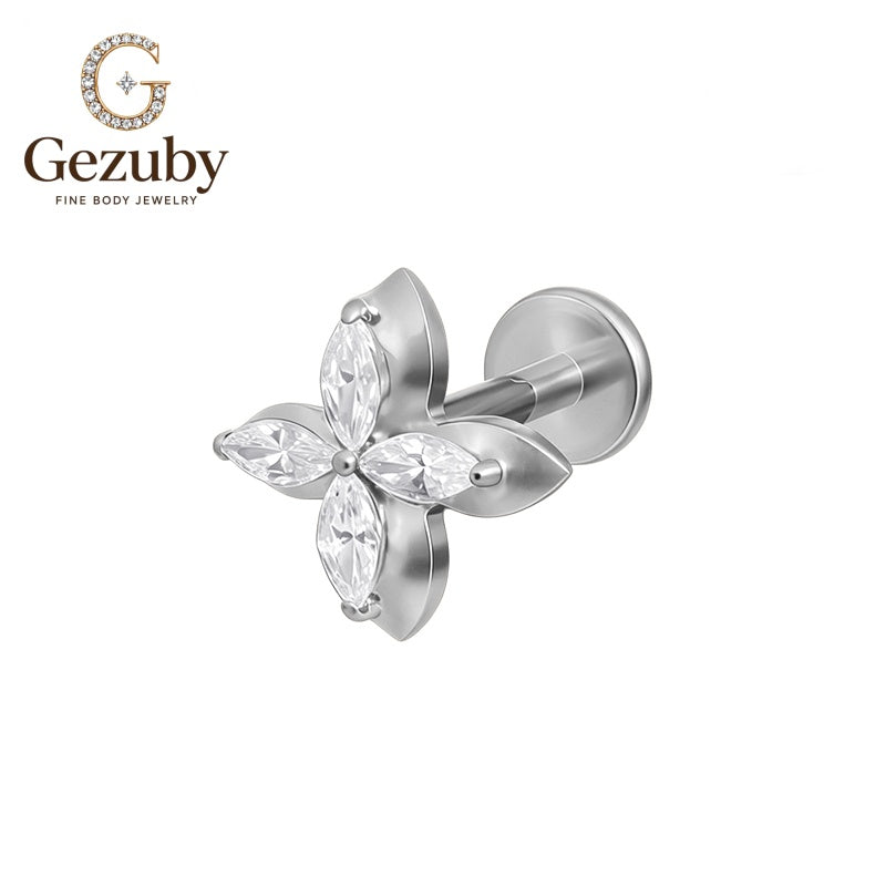 ASTM F136 Titanium Marquise Cross Flower CZ Labret Stud Symmetry Body Piercing Internally Threaded Gold Silver Lobe