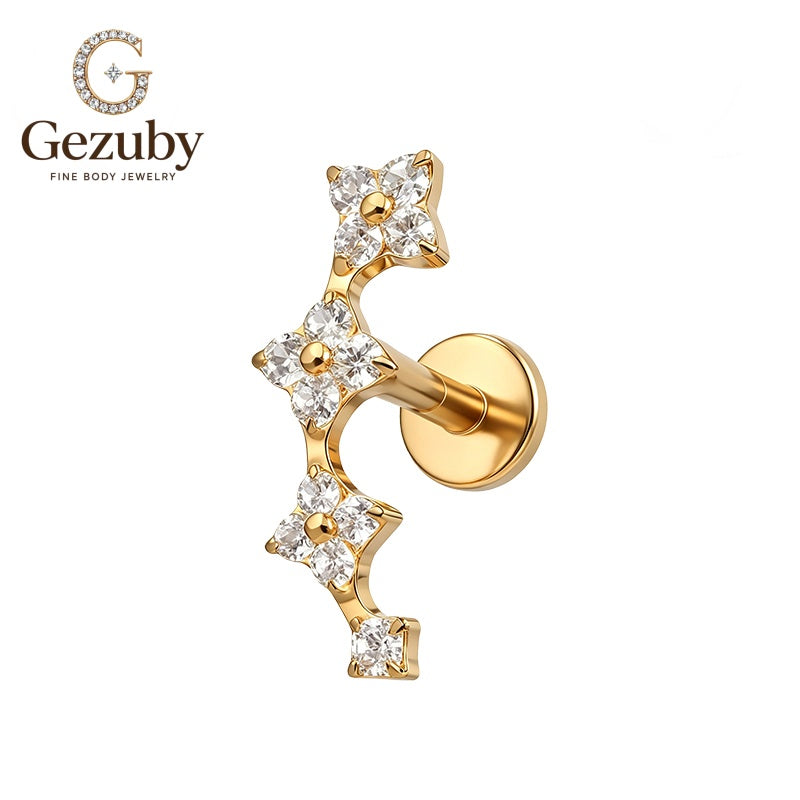 ASTM F136 Titanium Star CZ Cluster Labret Stud Starlit Body Piercing Internally Threaded Gold Silver Outer Conch
