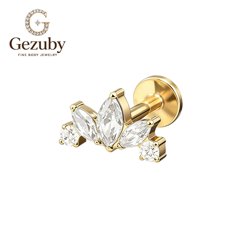ASTM F136 Titanium Internally Threaded Labret Stud Clear CZ Marquise Lotus Crown Cartilage Earring Hypoallergenic Gold Silver Helix Conch Flat