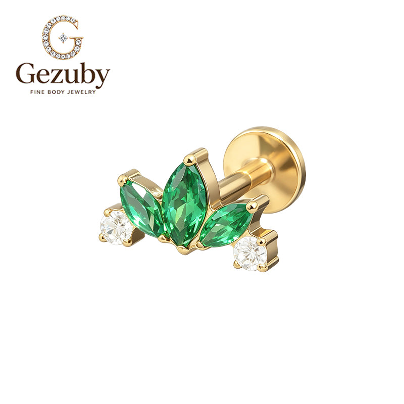 ASTM F136 Titanium Internally Threaded Labret Stud Emerald Green CZ Marquise Lotus Cartilage Earring Hypoallergenic Gold Silver Conch Helix