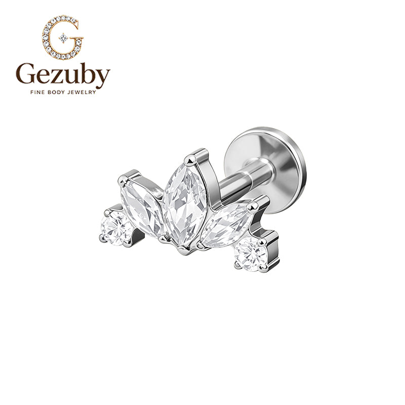 ASTM F136 Titanium Internally Threaded Labret Stud Clear CZ Marquise Lotus Crown Cartilage Earring Hypoallergenic Gold Silver Helix Conch Flat