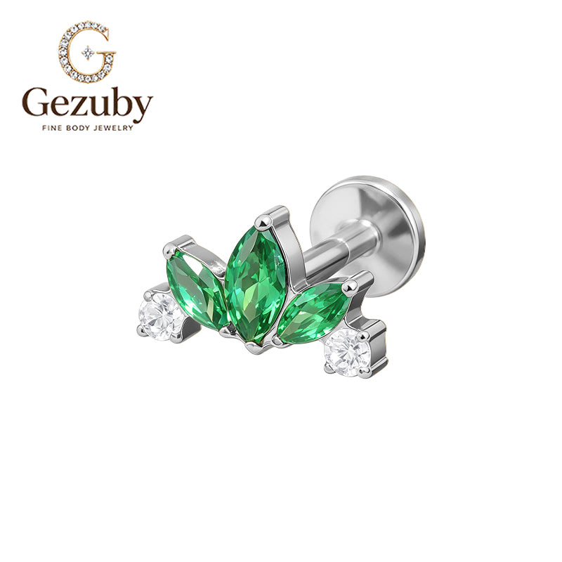 ASTM F136 Titanium Internally Threaded Labret Stud Emerald Green CZ Marquise Lotus Cartilage Earring Hypoallergenic Gold Silver Conch Helix
