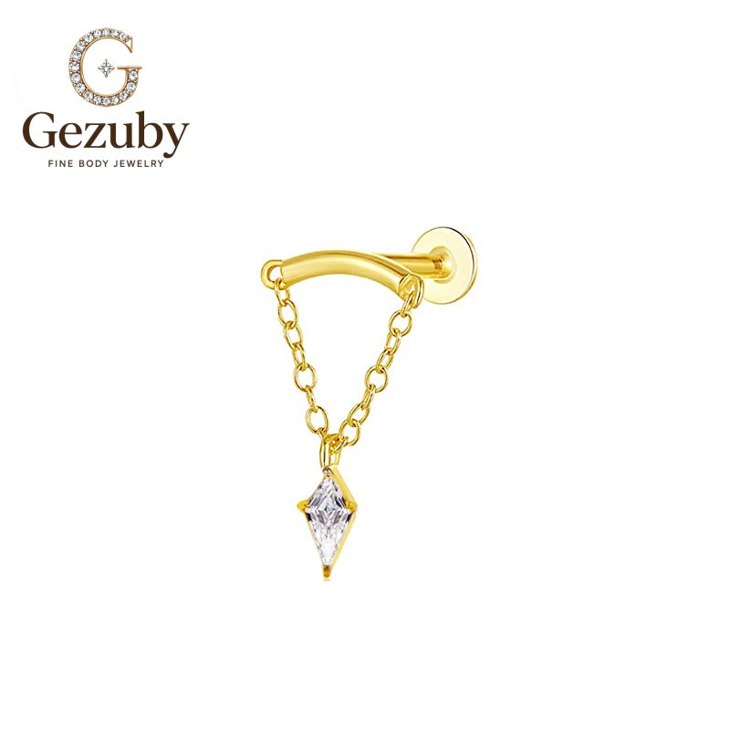 ASTM F136 Titanium Curved Chain Dangle Kite CZ Labret Stud Grace Internally Threaded Body Piercing Gold Silver Daith