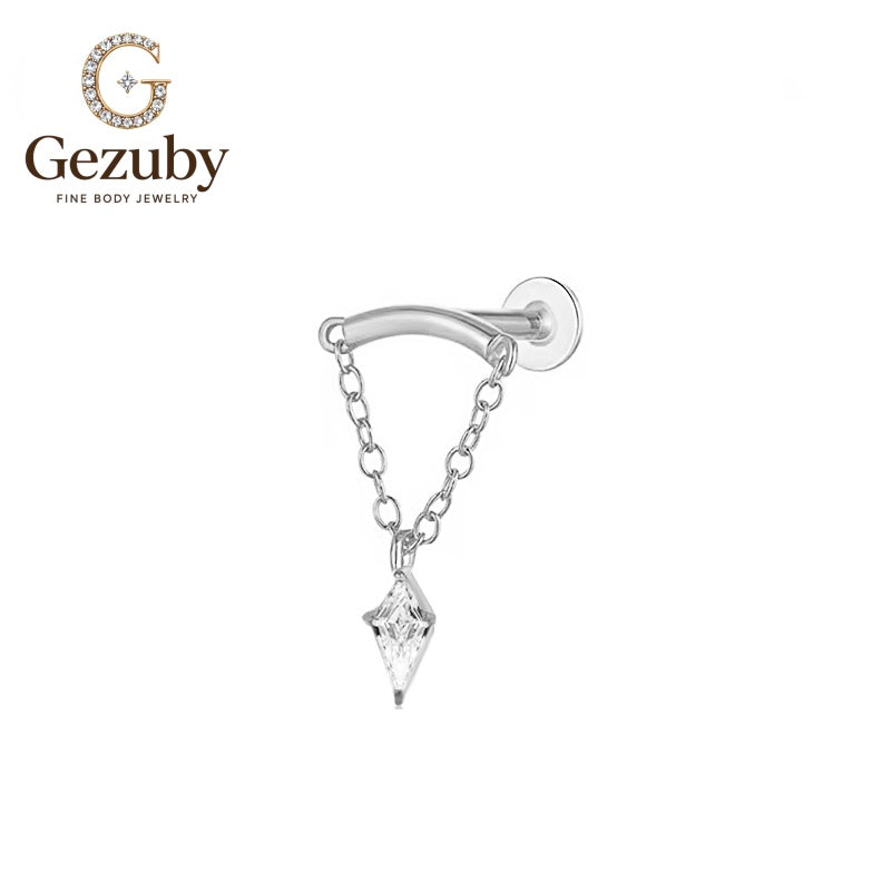 ASTM F136 Titanium Curved Chain Dangle Kite CZ Labret Stud Grace Internally Threaded Body Piercing Gold Silver Daith