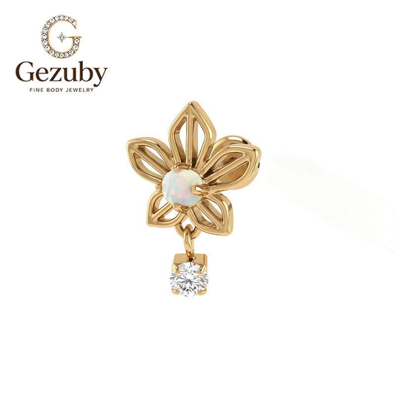 ASTM F136 Titanium Internally Threaded Labret Stud White Opal Flower CZ Dangle Cartilage Earring Hypoallergenic Gold Silver Helix Lobe