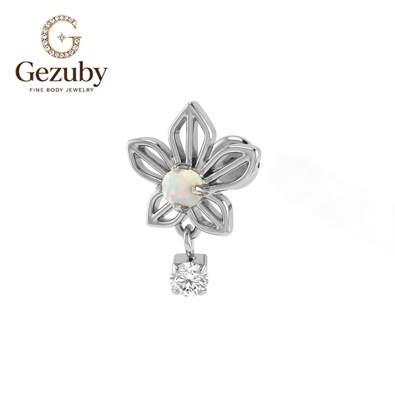 ASTM F136 Titanium Internally Threaded Labret Stud White Opal Flower CZ Dangle Cartilage Earring Hypoallergenic Gold Silver Helix Lobe