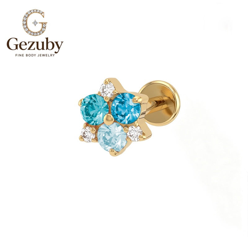 ASTM F136 Titanium Blue CZ Cluster Labret Stud Trio Body Piercing Internally Threaded Gold Silver Auricle Flat