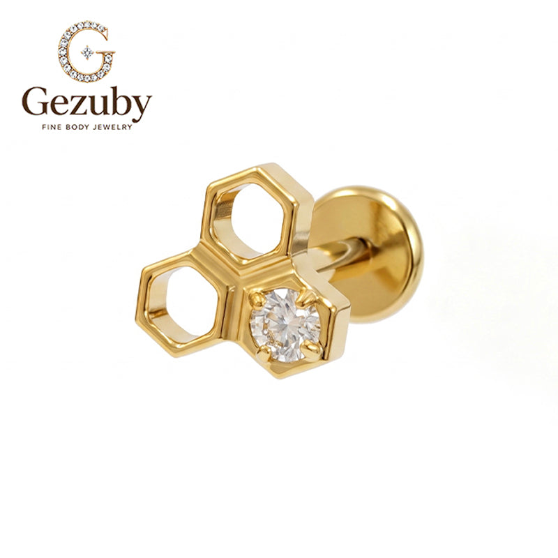 ASTM F136 Titanium Threadless Labret Stud Clear CZ Honeycomb Cartilage Earring Hypoallergenic Gold Silver Flat Helix Conch