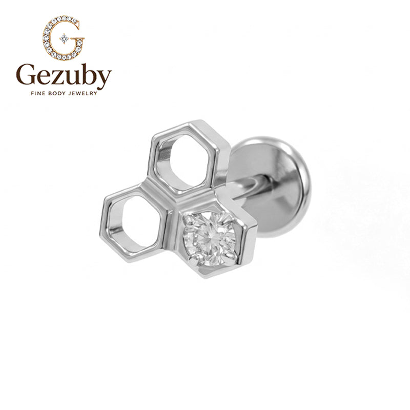 ASTM F136 Titanium Threadless Labret Stud Clear CZ Honeycomb Cartilage Earring Hypoallergenic Gold Silver Flat Helix Conch