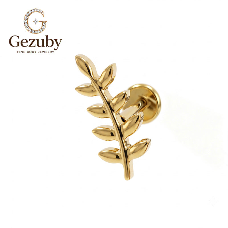 ASTM F136 Titanium Threadless Labret Stud Botanical Leaf Vine Cartilage Earring Hypoallergenic Gold Silver Helix Flat Conch