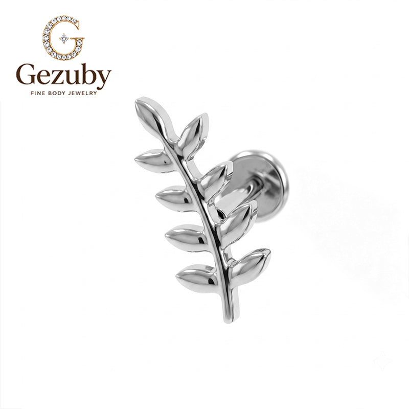 ASTM F136 Titanium Threadless Labret Stud Botanical Leaf Vine Cartilage Earring Hypoallergenic Gold Silver Helix Flat Conch
