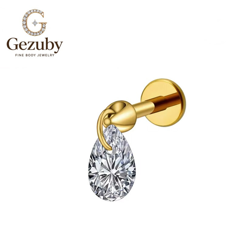 ASTM F136 Titanium Cone Teardrop CZ Dangle Labret Stud Poise Internally Threaded Body Piercing Gold Silver Auricle Helix
