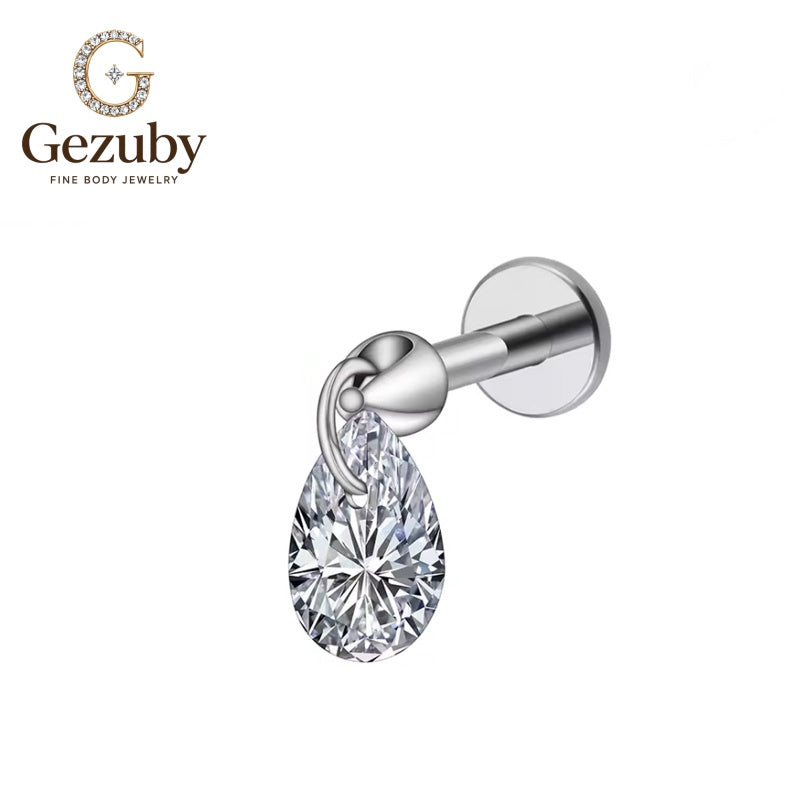 ASTM F136 Titanium Cone Teardrop CZ Dangle Labret Stud Poise Internally Threaded Body Piercing Gold Silver Auricle Helix