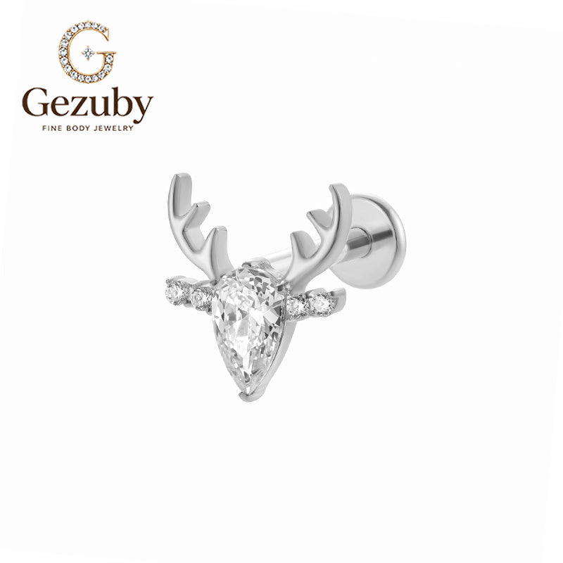 ASTM F136 Titanium Internally Threaded Labret Stud Pear CZ Deer Stag Antler Horn Cartilage Earring Hypoallergenic Gold Silver Helix Conch