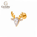 ASTM F136 Titanium Internally Threaded Labret Stud Pear CZ Deer Stag Antler Horn Cartilage Earring Hypoallergenic Gold Silver Helix Conch