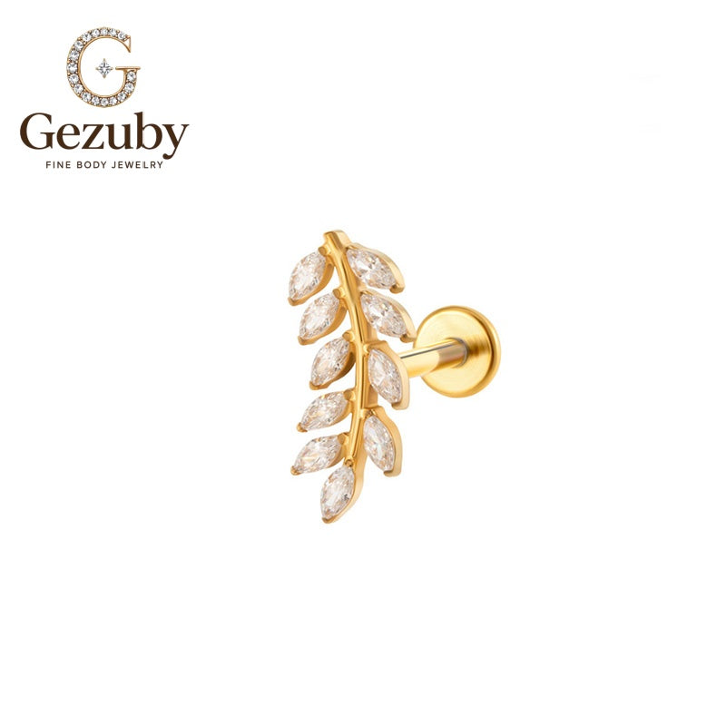 ASTM F136 Titanium Vine Leaf Marquise CZ Labret Stud Willow Internally Threaded Body Piercing Gold Silver Flat Lobe