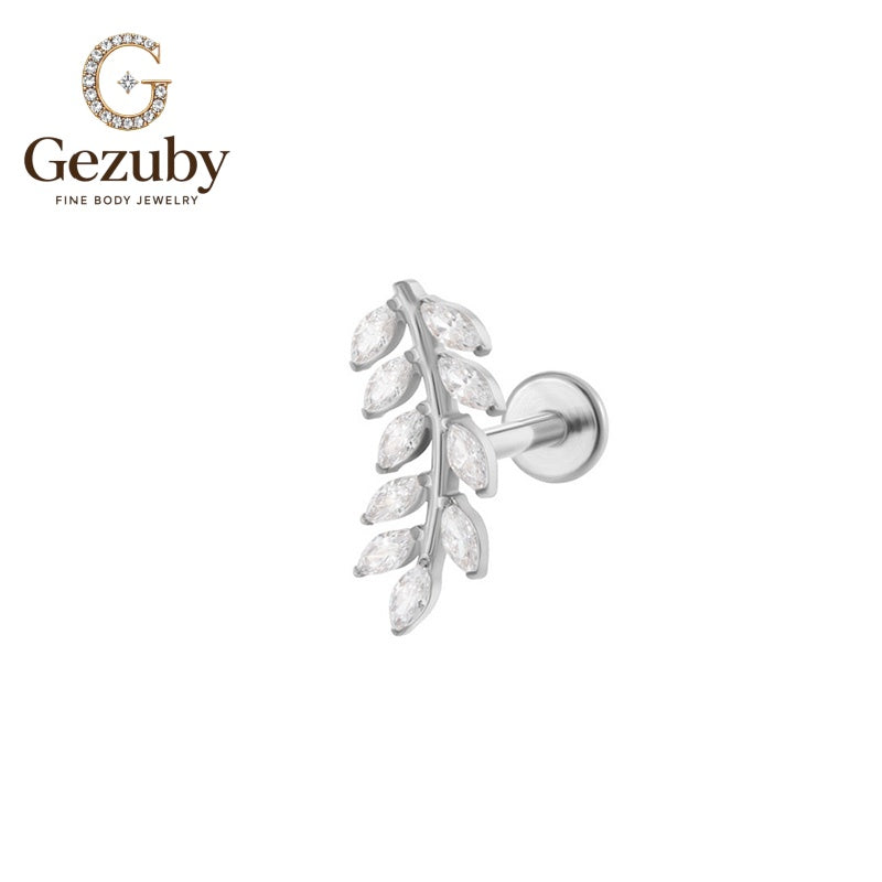 ASTM F136 Titanium Vine Leaf Marquise CZ Labret Stud Willow Internally Threaded Body Piercing Gold Silver Flat Lobe