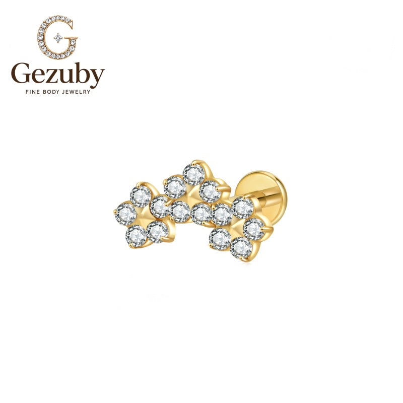 ASTM F136 Titanium Flower Cluster CZ Labret Stud Trellis Body Piercing Internally Threaded Gold Silver Pinna