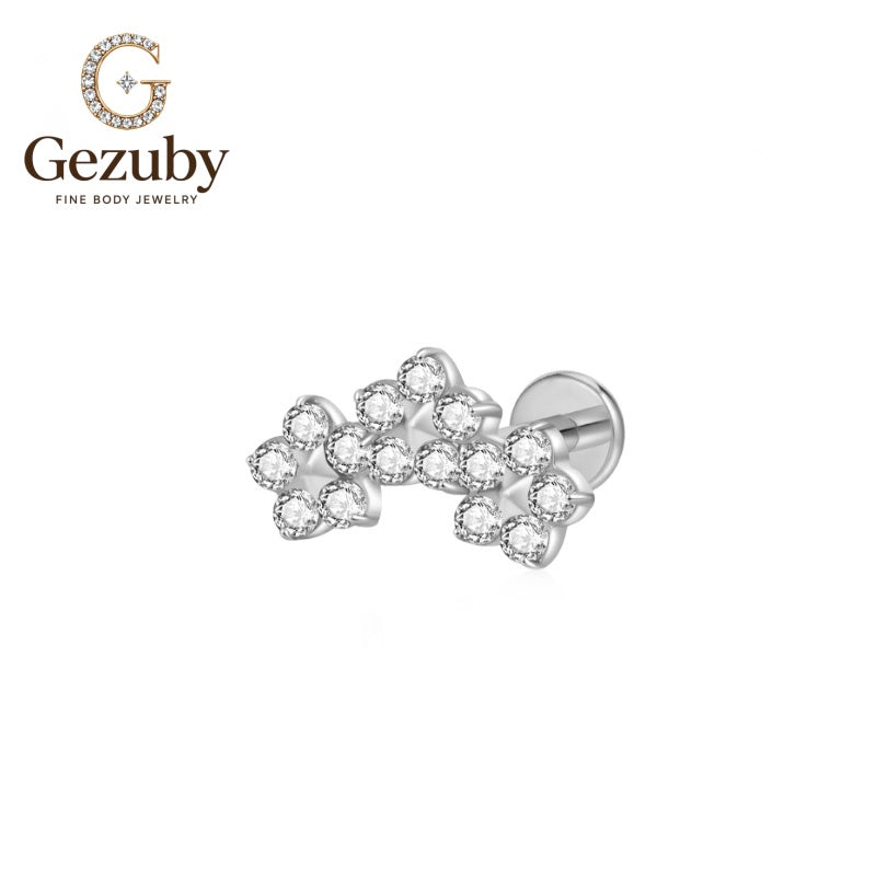 ASTM F136 Titanium Flower Cluster CZ Labret Stud Trellis Body Piercing Internally Threaded Gold Silver Pinna