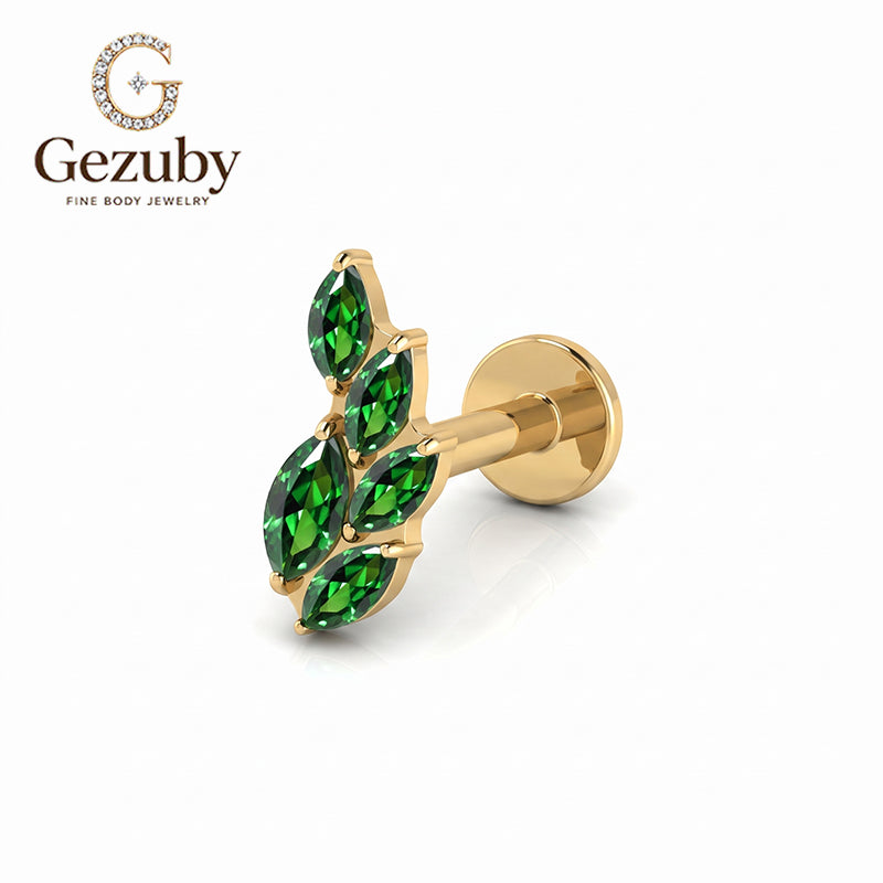 ASTM F136 Titanium Internally Threaded Labret Stud Emerald Green CZ Marquise Leaf Vine Climber Cartilage Earring Hypoallergenic Helix Conch Flat