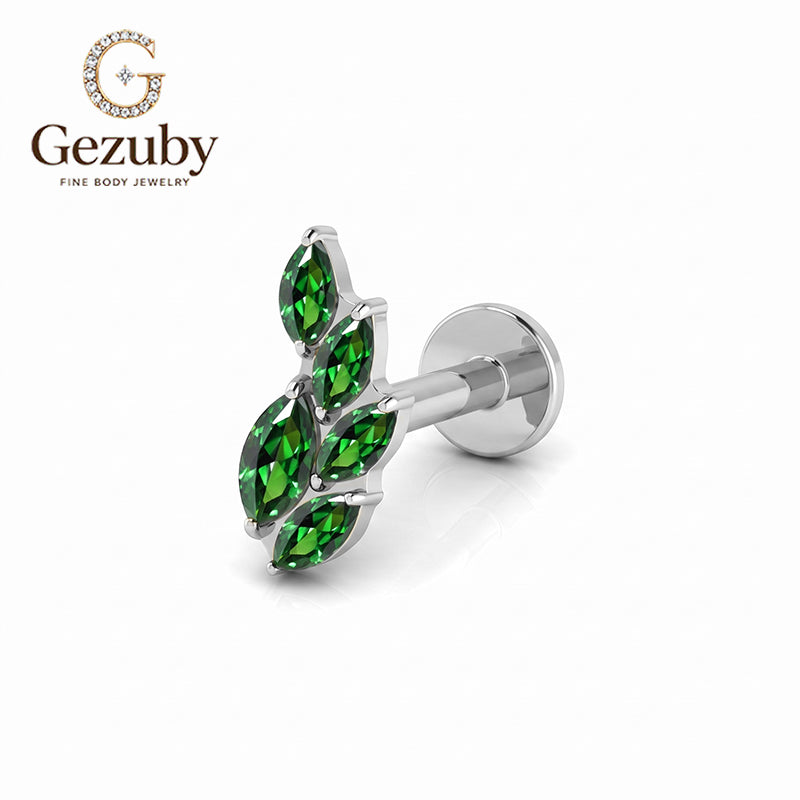 ASTM F136 Titanium Internally Threaded Labret Stud Emerald Green CZ Marquise Leaf Vine Climber Cartilage Earring Hypoallergenic Helix Conch Flat