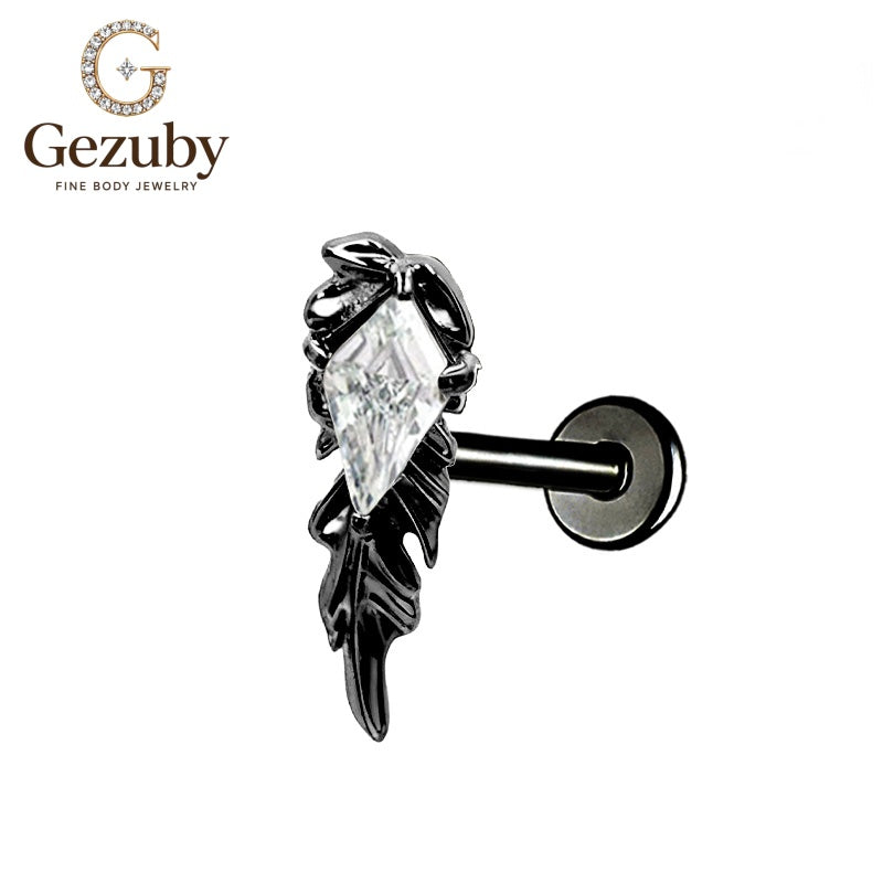 ASTM F136 Titanium Black Feather Kite CZ Labret Stud Shadow Body Piercing Internally Threaded Black Orbital Cartilage