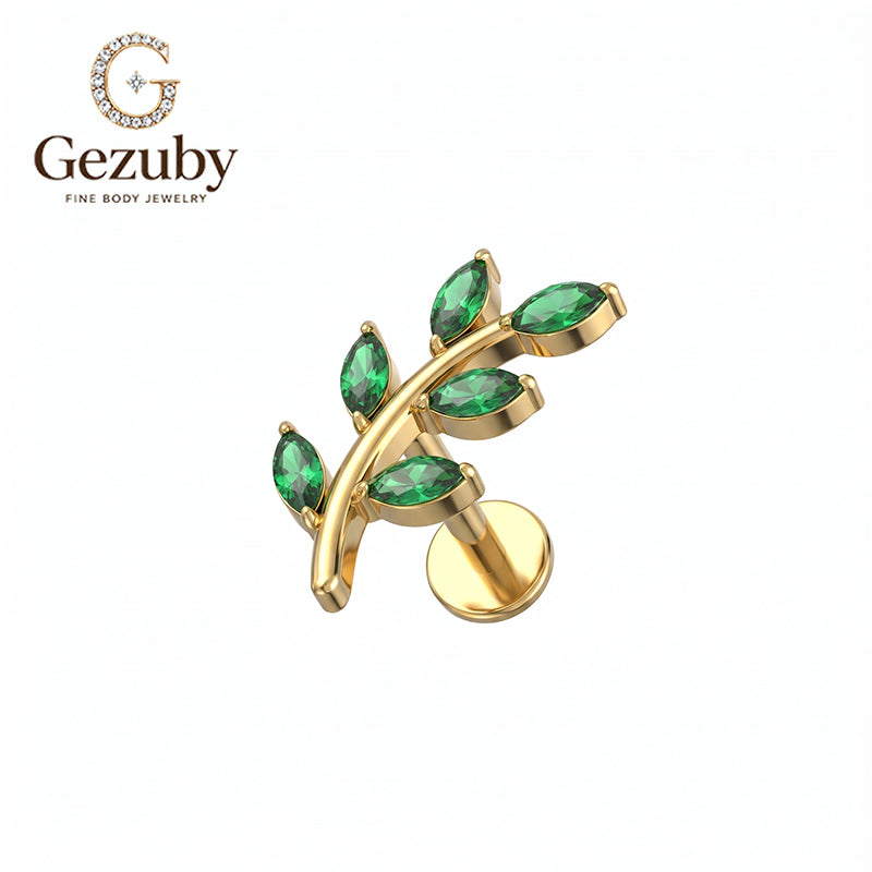 ASTM F136 Titanium Internally Threaded Labret Stud Emerald Green CZ Marquise Olive Branch Climber Cartilage Earring Hypoallergenic Helix Conch