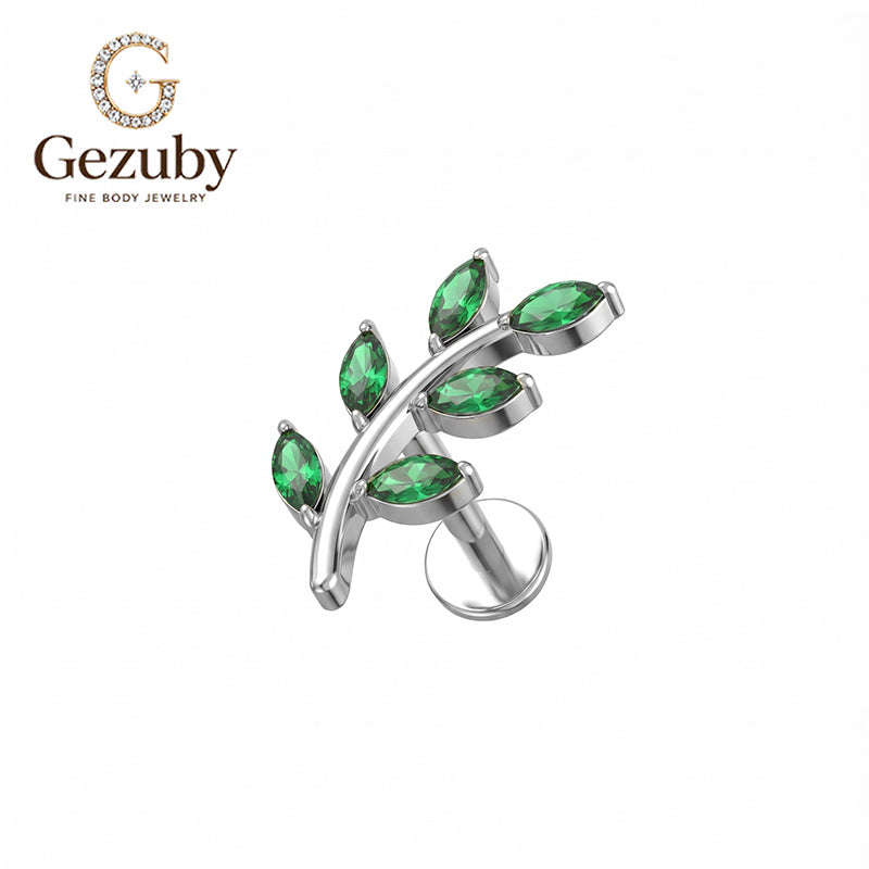 ASTM F136 Titanium Internally Threaded Labret Stud Emerald Green CZ Marquise Olive Branch Climber Cartilage Earring Hypoallergenic Helix Conch