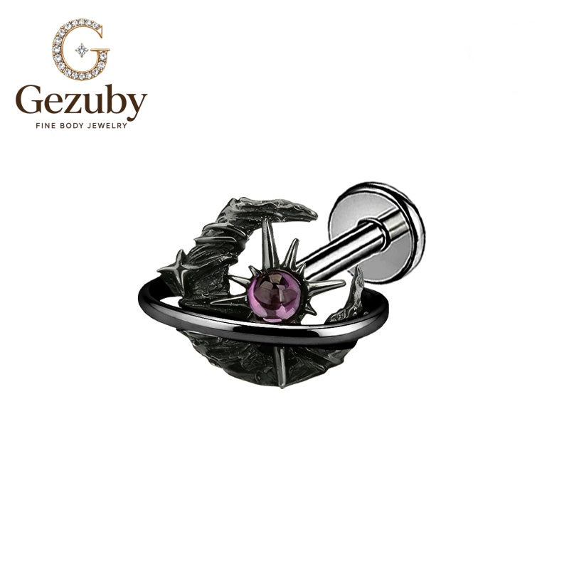 ASTM F136 Titanium Black Saturn Purple CZ Labret Stud Nebula Body Piercing Internally Threaded Black Orbital Flat