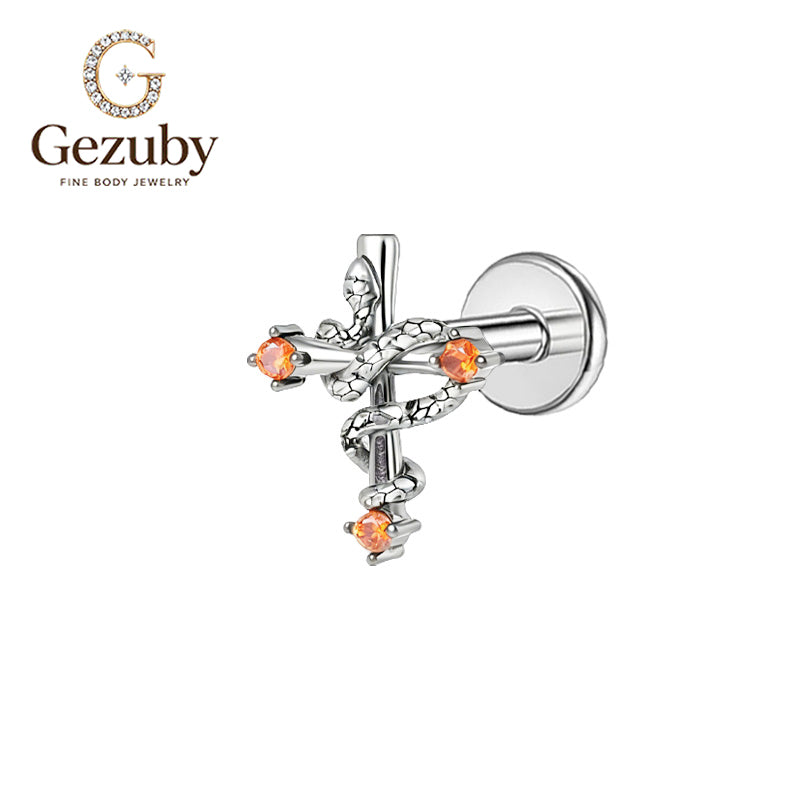 ASTM F136 Titanium Internally Threaded Labret Stud Orange CZ Gothic Snake Cross Cartilage Earring Hypoallergenic Silver Conch Helix