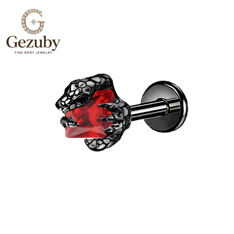 ASTM F136 Titanium Black Snake Bite Red Heart CZ Labret Stud Predator Body Piercing Internally Threaded Black Auricle Flat