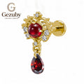 ASTM F136 Titanium Gothic Crest Red Ruby CZ Labret Stud Noble Body Piercing Internally Threaded Gold High Nostril