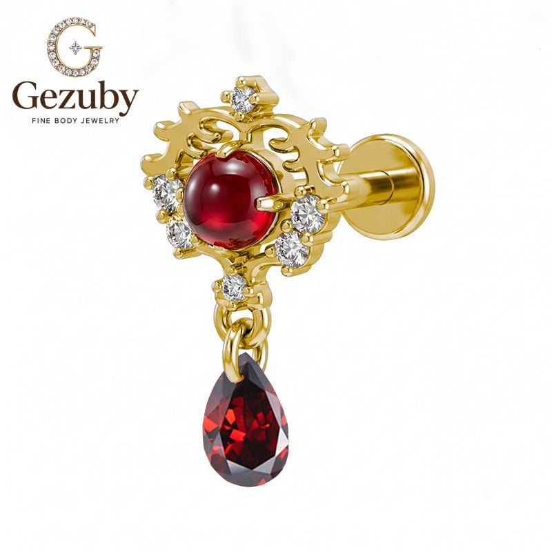 ASTM F136 Titanium Gothic Crest Red Ruby CZ Labret Stud Noble Body Piercing Internally Threaded Gold High Nostril