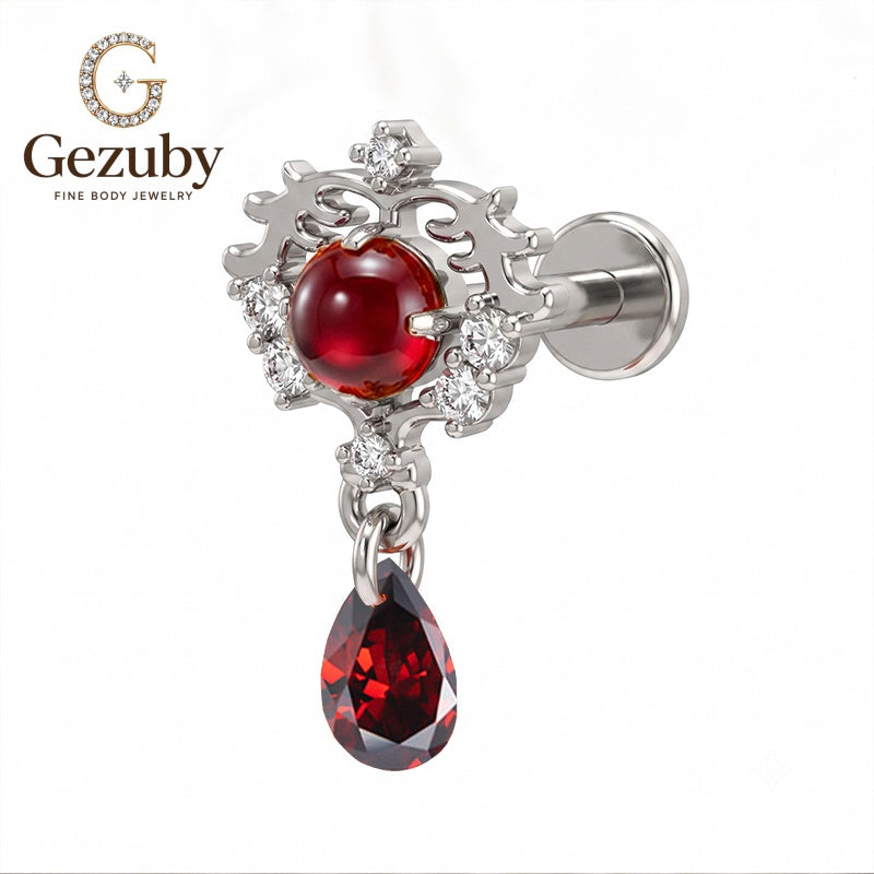 ASTM F136 Titanium Gothic Crest Red Ruby CZ Labret Stud Baroque Body Piercing Internally Threaded Silver Flat Nostril