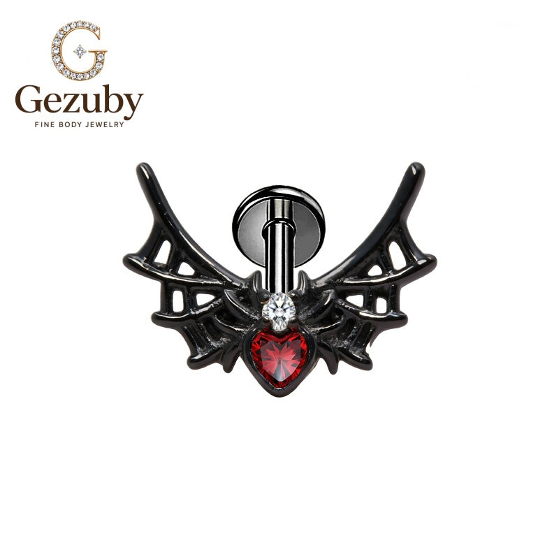 ASTM F136 Titanium Spider Web CZ Labret Stud Arachnid Internally Threaded Body Piercing Black Flat Helix
