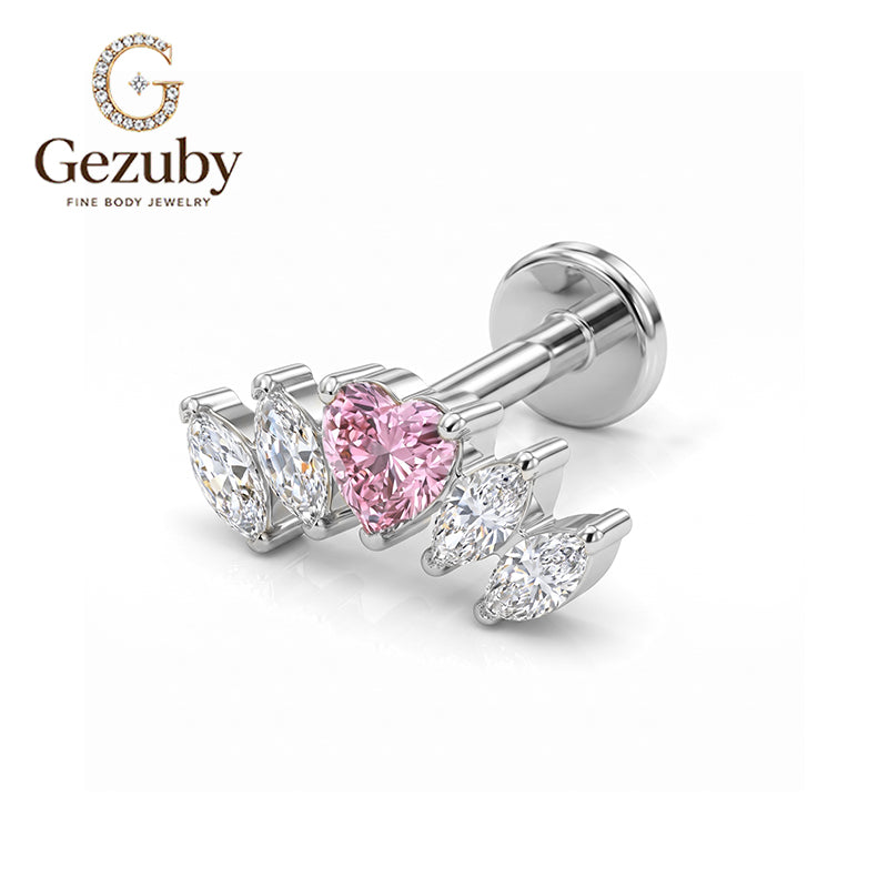 ASTM F136 Titanium Internally Threaded Labret Stud Pink Heart Clear CZ Marquise Crown Arc Cartilage Earring Hypoallergenic Helix Conch Flat