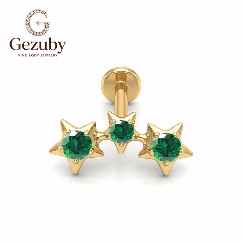 ASTM F136 Titanium Internally Threaded Labret Stud Emerald Green CZ Triple Star Constellation Arc Cartilage Earring Hypoallergenic Gold Silver Helix Conch