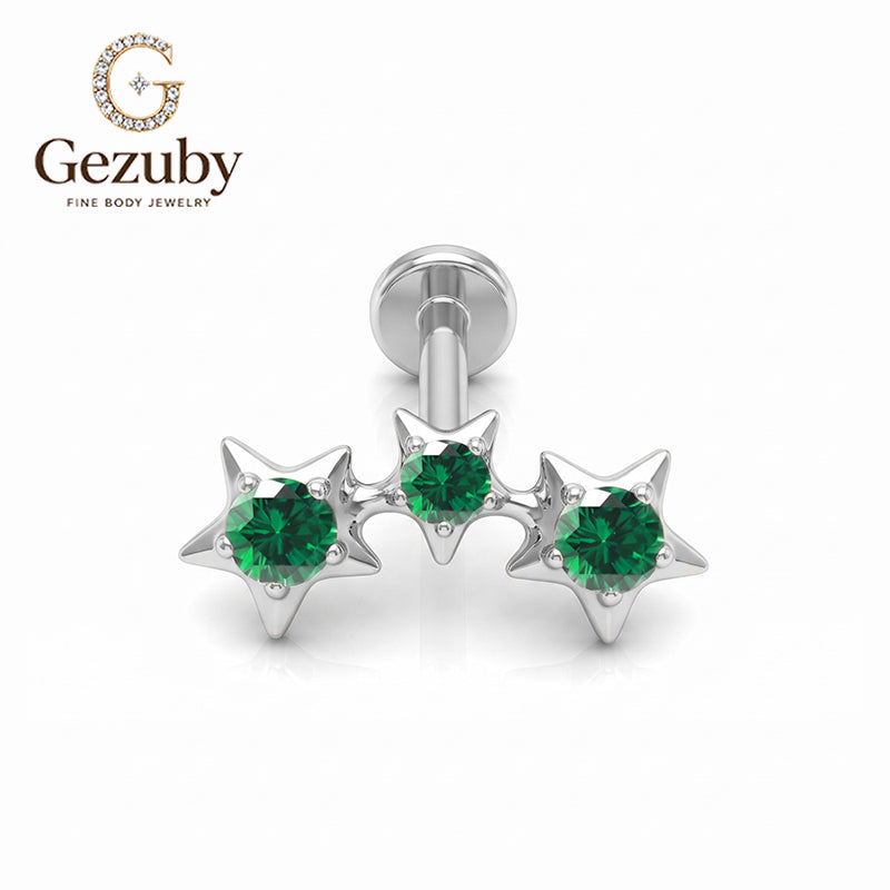 ASTM F136 Titanium Internally Threaded Labret Stud Emerald Green CZ Triple Star Constellation Arc Cartilage Earring Hypoallergenic Gold Silver Helix Conch