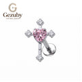 ASTM F136 Titanium Internally Threaded Labret Stud Pink Heart CZ Gothic Crucifix Cross Cartilage Earring Hypoallergenic Silver Conch Helix