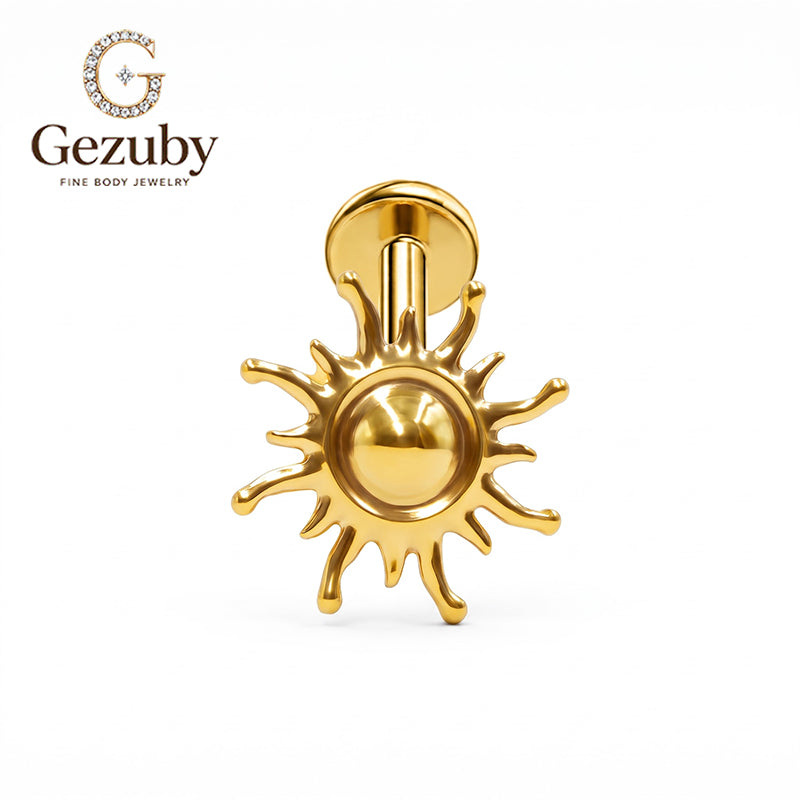 ASTM F136 Titanium Threadless Labret Stud Molten Sunburst Cartilage Earring Hypoallergenic Gold Silver Conch Helix Flat Lobe