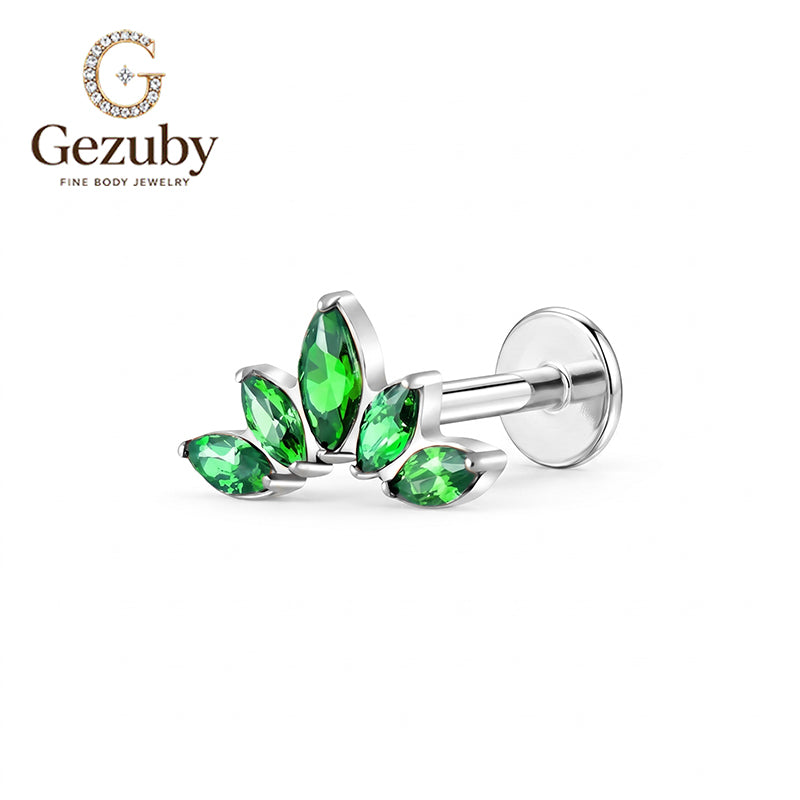 ASTM F136 Titanium Internally Threaded Labret Stud Emerald Green CZ Marquise Fan Crown Cartilage Earring Hypoallergenic Gold Silver Helix Conch