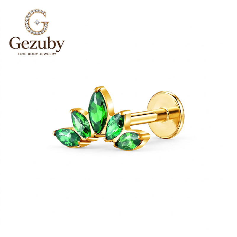 ASTM F136 Titanium Internally Threaded Labret Stud Emerald Green CZ Marquise Fan Crown Cartilage Earring Hypoallergenic Gold Silver Helix Conch