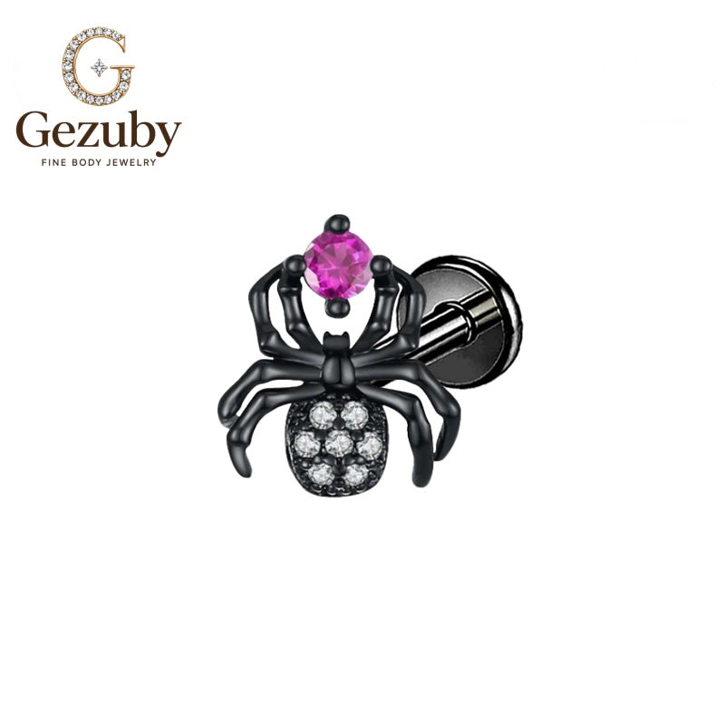 ASTM F136 Titanium Spider CZ Labret Stud Arachne Threadless Body Piercing Black Pink Flat Helix