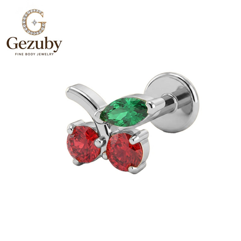 ASTM F136 Titanium Cherry Leaf Red Green CZ Labret Stud Orchard Threadless Body Piercing Gold Silver Orbital Septum